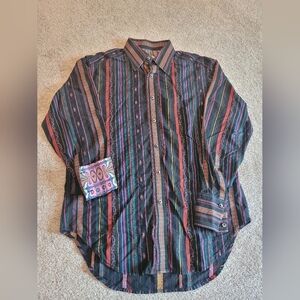 Robert Graham Size Medium Long Sleeve Dress Shirt With Skulls & Hats, Multicolor